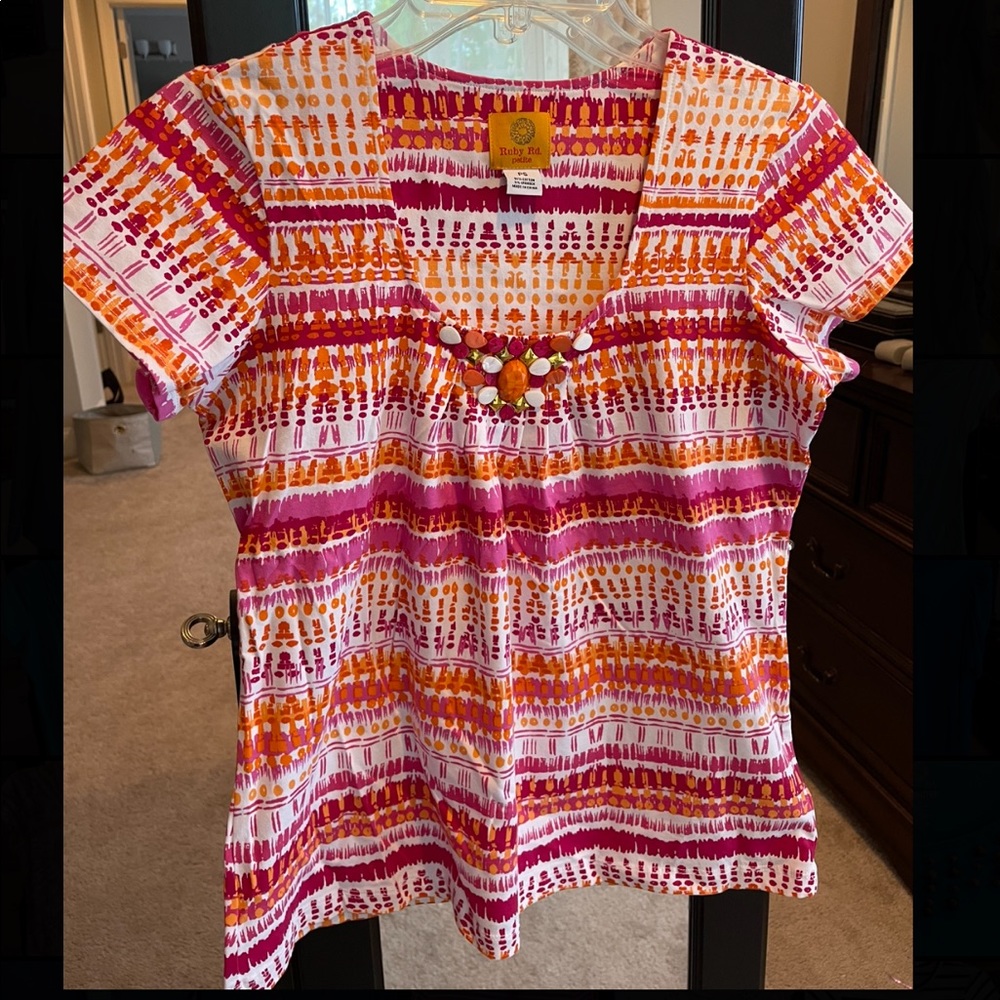 Ruby Rd Womens Petite S Blouse, Short Sleeve, Beaded Neckline Detail